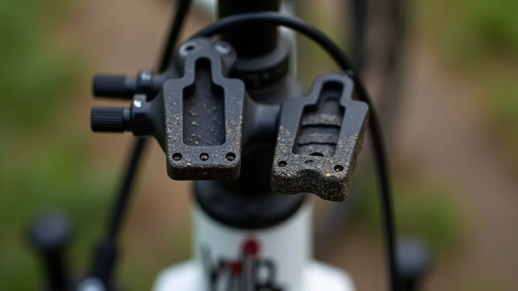 Tikko noņemts velosipēda riteņa bremžu kluči, parādot nolietojuma pazīmes uz melna keramiskā materiāla virsmas