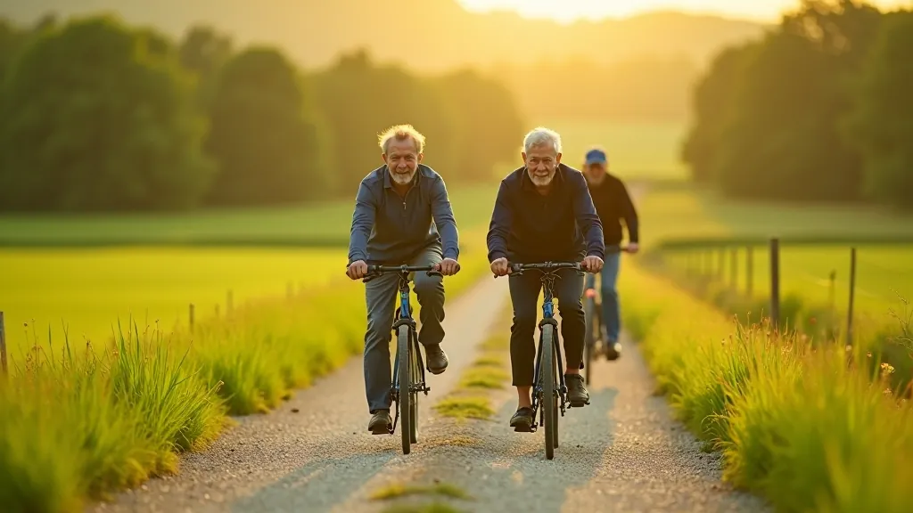 Seniori braucienā uz velosipēdiem lauku ceļā ar zaļām pļavām apkārt