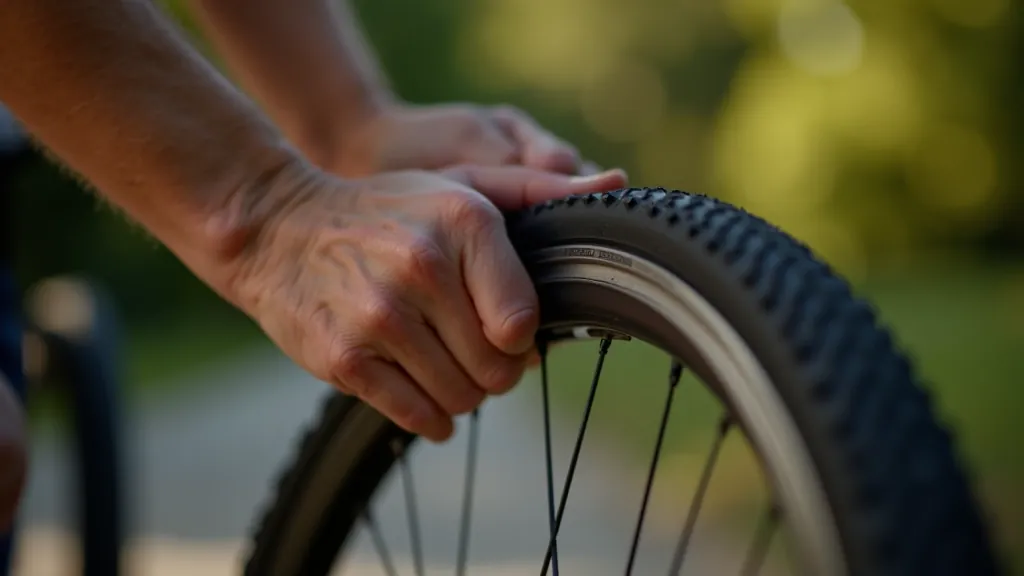 Seniora cilvēka roka nospiedina velosipēda riepas ar viņa pirkstu, testējot gaisa spiedienu, izpildes skaidra riepa un ķēžu skaidrs modelis
