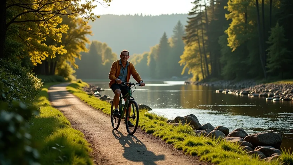 Upeskrasts ar skaņiem akmeņiem un meža fonu, laba dabas vieta velobraucienā, vidējais grūtums