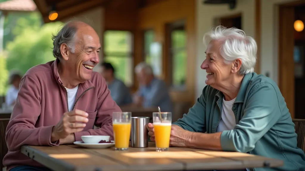 Seniori atpūšas brauciena laikā pie kafejnīcas