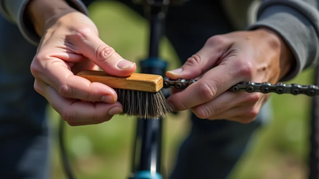 Ciklisti rūpīgi tīra velosipēda ķēdi ar mājsaimniecības vērtības, izmantojot solu birsti un biodegradējamu tīrīšanas šķidrumu